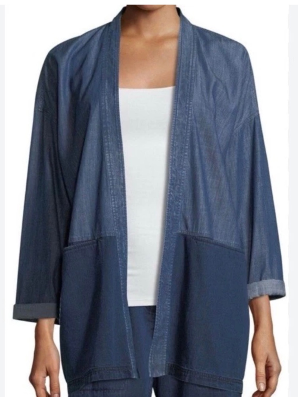 Eileen Fisher Colorblock Organic Cotton Blend 3X Kimono Denim Jacket Minimalist